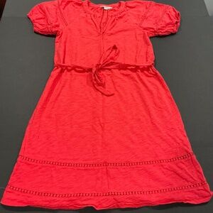 Boden Coral Red Cotton Tie Waist Dress Puff Sleeve Size 6